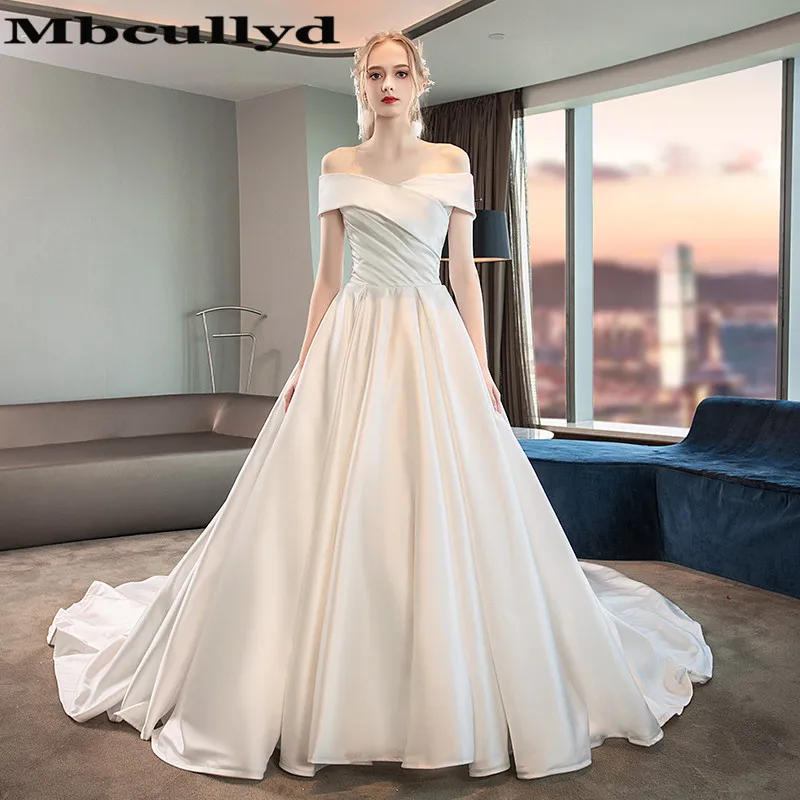 

Mbcully Simple A-line Wedding Dresses Sleeveless White Ivory Satin Backless Bridal Dress Formal Court Train vestido de casamento