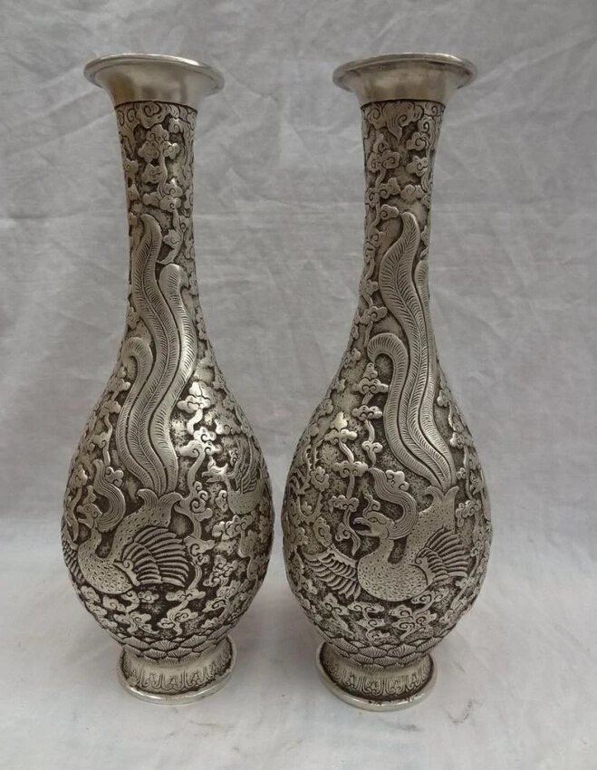 

fast shipping USPS to USA S1503 13" Chinese Silver Collect Buddhism Phoenix Statue Brass Peacock Vase Pot Pair