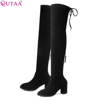 

QUTAA 2020 Women Over The Knee Boots Pointed Toe Zipper Square High Heel Black Elegant Women Motorcycle Boots Size 33-43