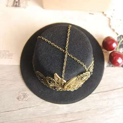 Стимпанк Шестерня и часы цепь Мини Топ шляпа Лолита косплей фетровые шляпы черный