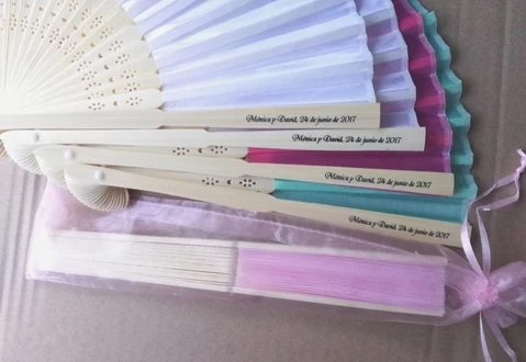 

150pcs/lot personalized silk hand fan silk wedding fan with organza gift bag packing