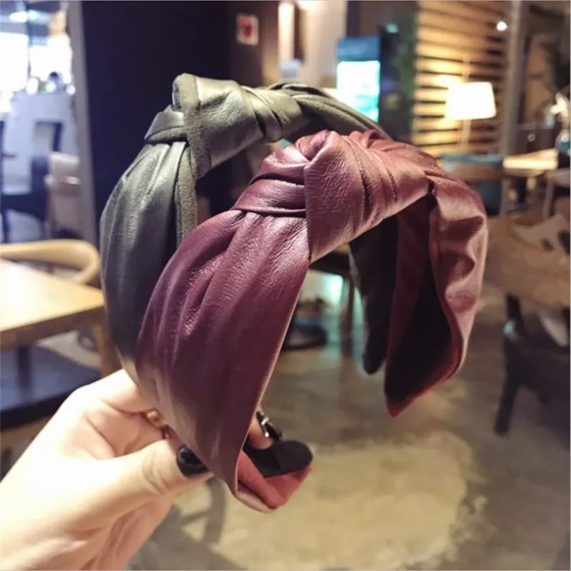 

New high-end hair accessories women's Korean leather PU bow knotted wide-brimmed fashion hair band headband headband hair female