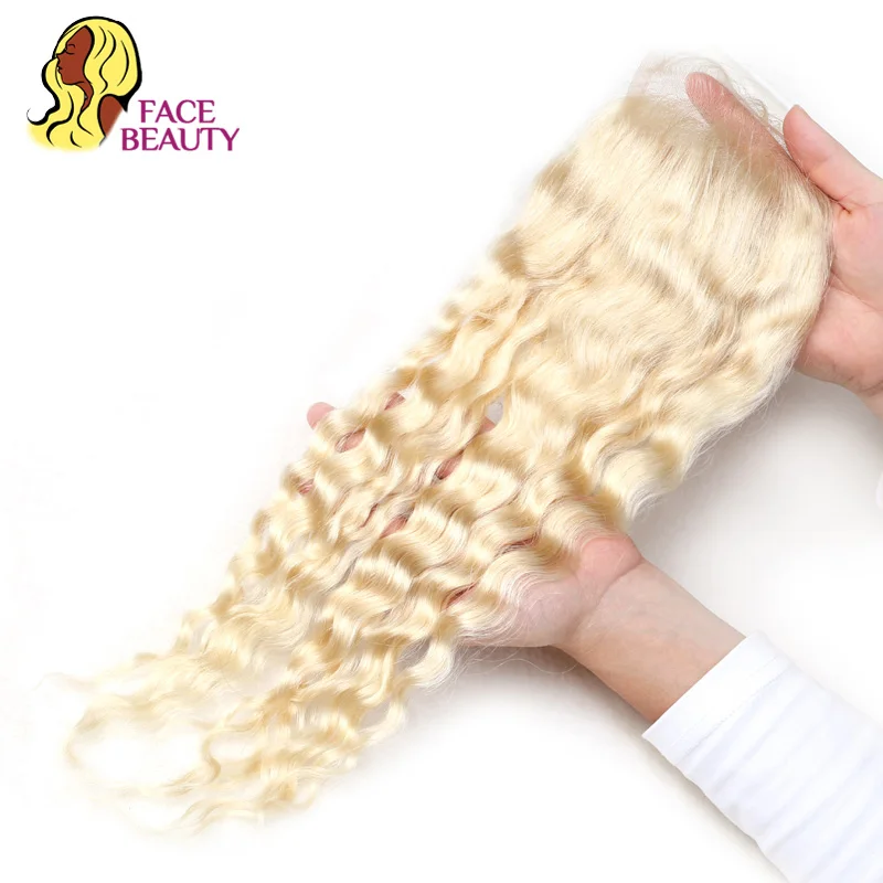 

Facebeauty 613 Blonde Brazilian Deep Wave Closure Bleached Knots 8 - 22 Inch 4x4 Remy Lace Free Middle Part Human Hair Closure