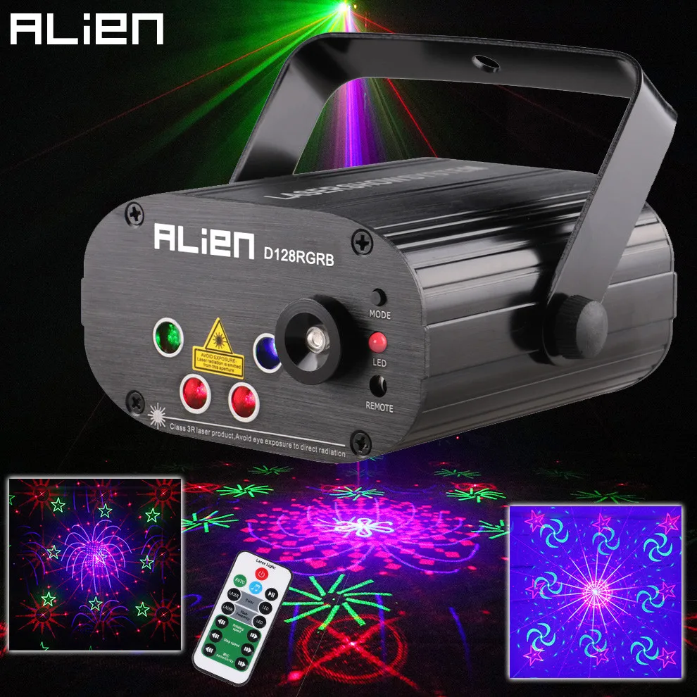 الغريبة عن 128 أنماط RGB DJ جهاز عرض ليزر مرحلة الإضاءة تأثير ديسكو نادي عيد الميلاد حزب عطلة تظهر ضوء مع 3 W الأزرق LED