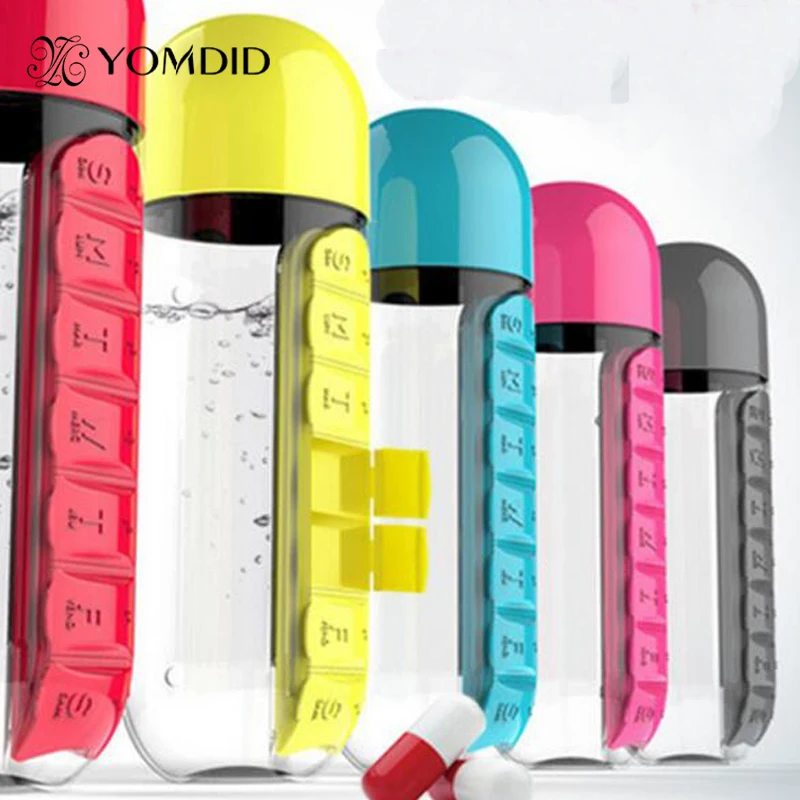 

Plastic Sports Water Bottle with Pill Box 7 Days 5 Colors Available bottle Botella de agua de deportes con la caja de la pildora