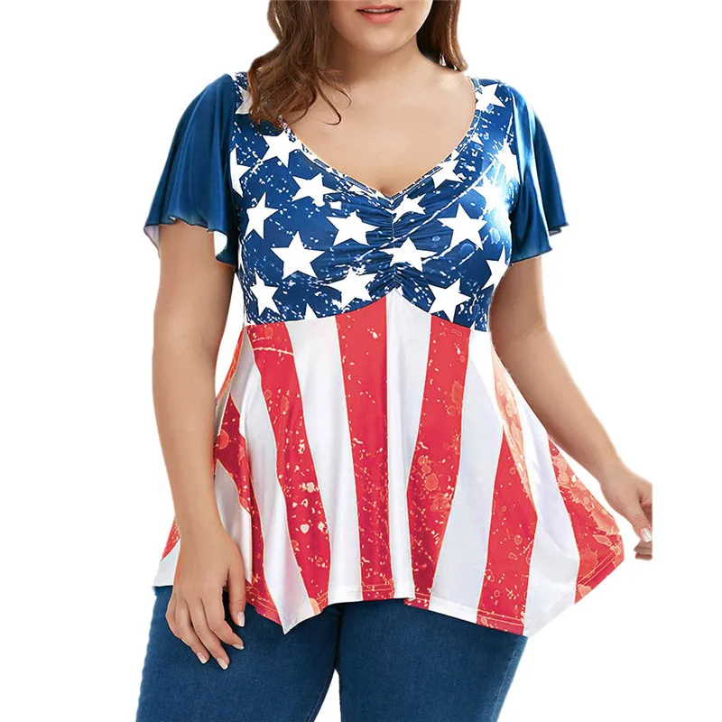 2018 New Casual Summer Fashion Women Plus Size Patriotic American Flag