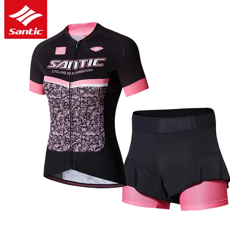 Santic Cycling Jersey Set Women Summer Short Sleeve Bike Bicycle Jersey 4D Sponge Padded Cycling