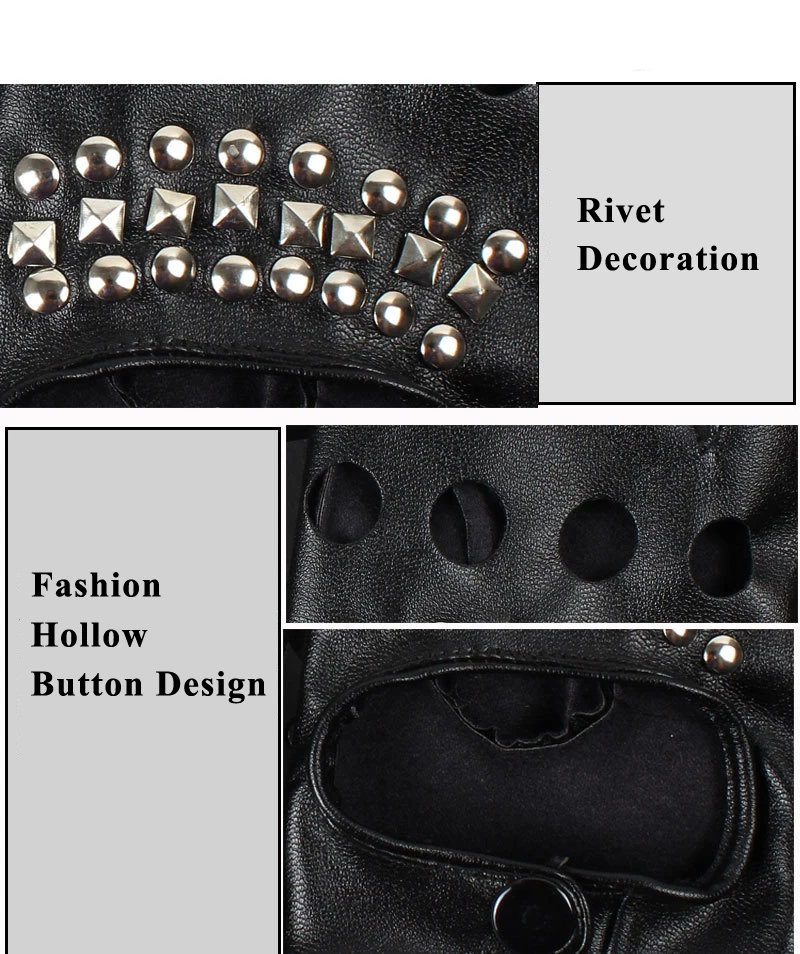 Fashion Half Finger Gloves Women PU Leather Fingerless Driving Gloves Rivet Hollow Dancing Guante For Men Black white Luvas