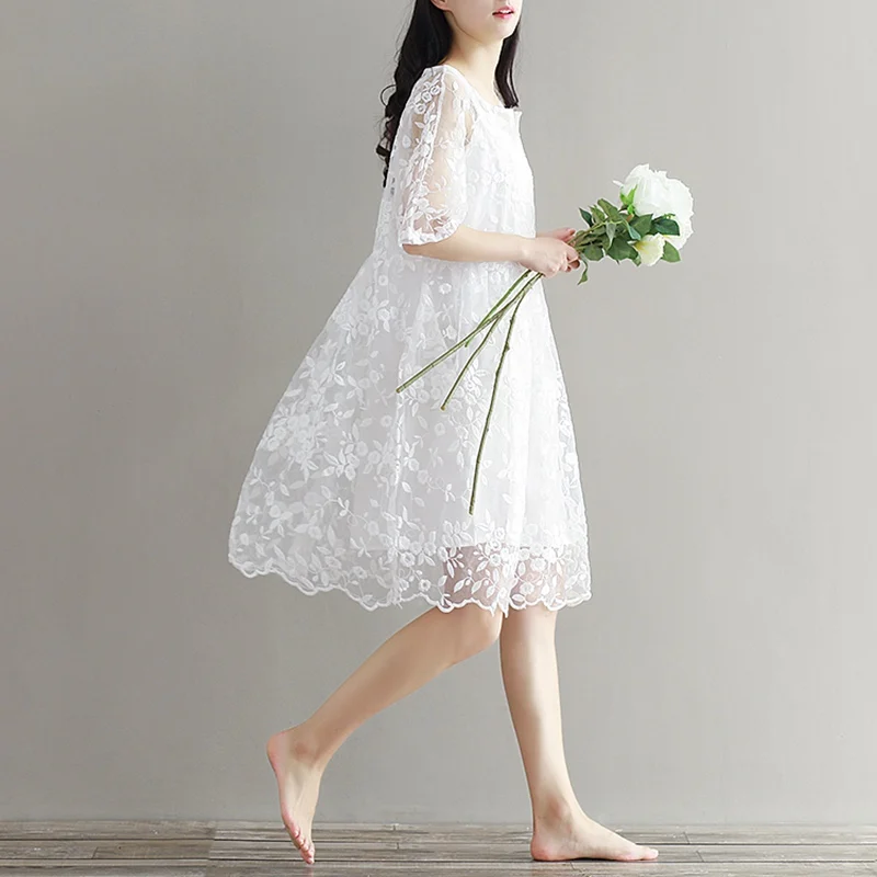 

New literary loose round neck embroidered pregnant women dress long skirt Korean fashion pregnancy skirt