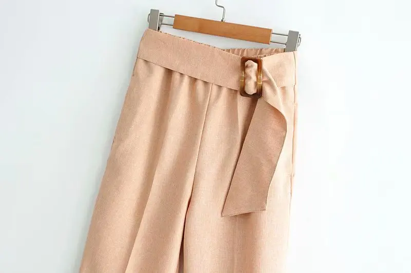 Женские модные льняные брюки с декоративной пряжкой и эластичным поясом, одежда для офиса, шикарные брюки, женские уличные брюки P331