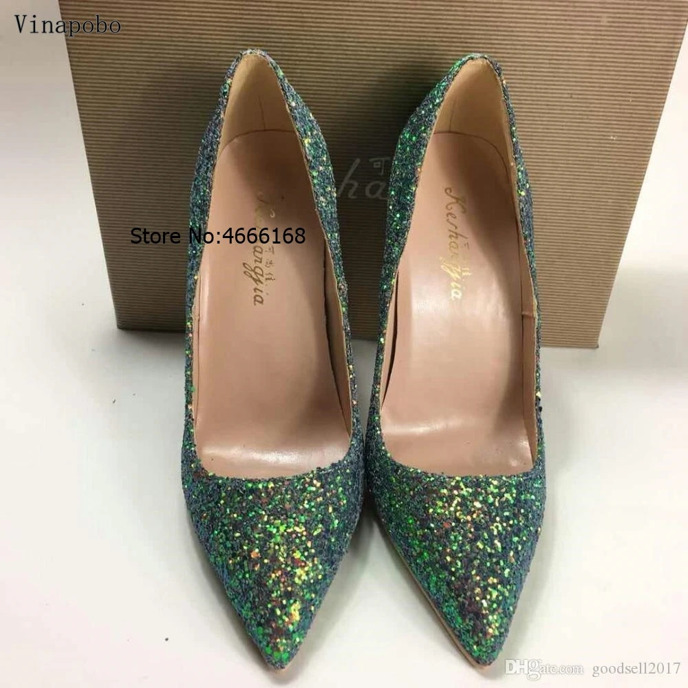 Vinapobo/пикантные женские туфли-лодочки с зелеными блестками; шикарные туфли на высоком каблуке; женские блестящие свадебные туфли на шпильке; Цвет зеленый; европейский размер 43