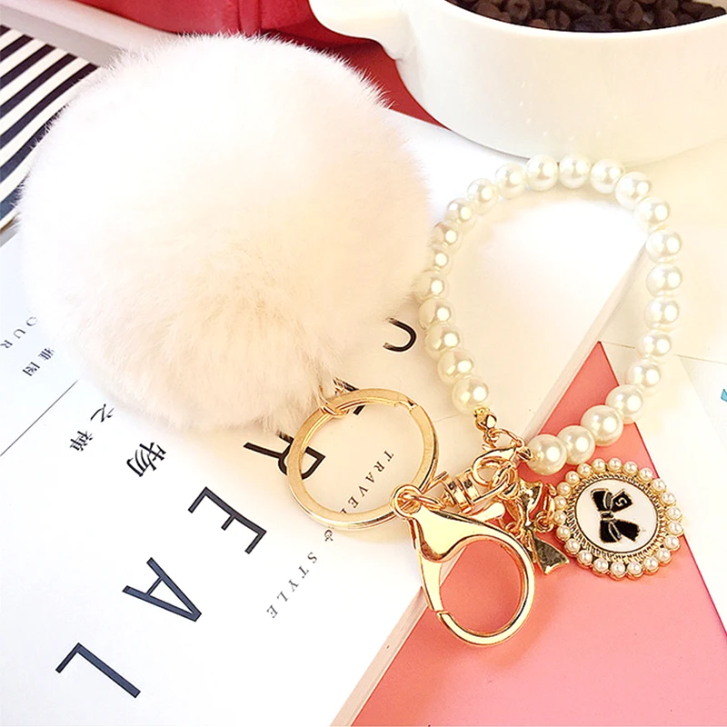 

Sale New Popular Charming Soft Fluffy Ball Keyring Beads Pendant Women Rabbit Fur Handbag Key Chain Pom