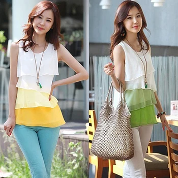 

Women Chiffon Sheer Shirt Round Neck Sleveless Tops Blouse Pullover Multilayer Vest
