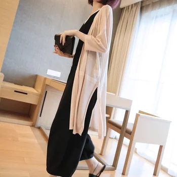 

Sunscreen Cardigan 2019 Summer Silky Knitwear Women's Korean Thin Loose Lady Medium Long Shawl Jacket Three Quarter Sleeve