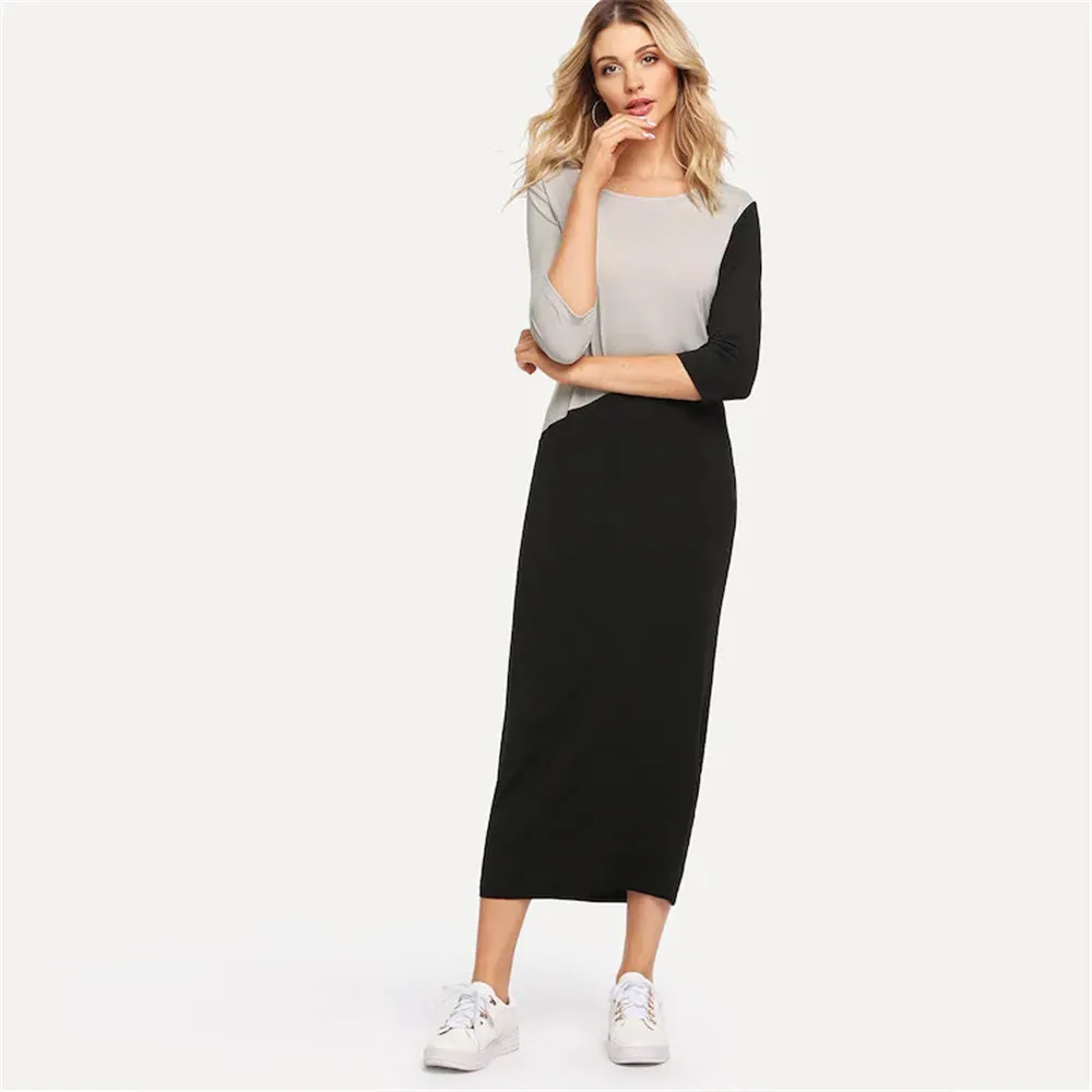 Big Sale Women Casual Dress 2018 Contrast Color Half Sleeve Bodycon Dress Female O Neck Autumn Long Dresses Vestido 10061# (2)