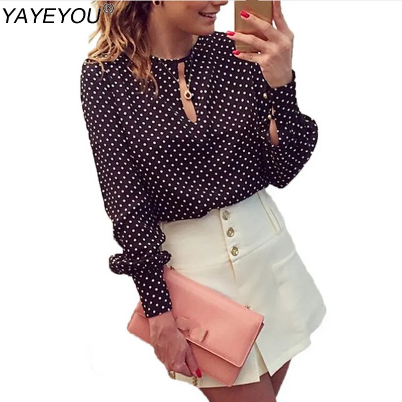

YAYEYOU Women Vintage Casual Chiffon Blouse Shirt Full Sleeve O-Neck Polka Dot Shirts For Woman