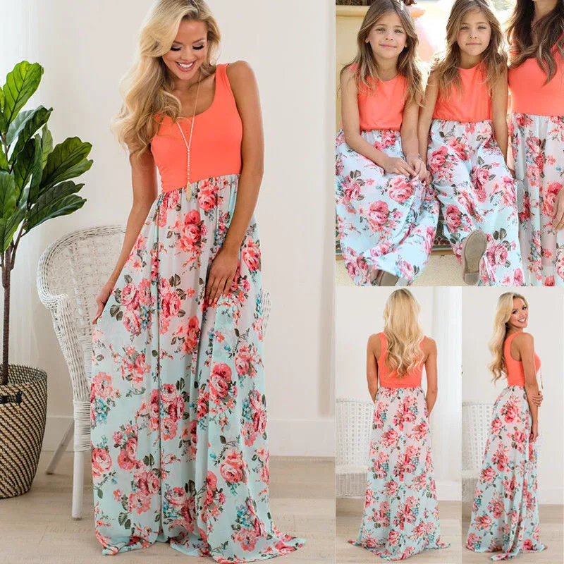 

Family Clothes Mother and Daughter Matching Dress Patchwork Long Dress Women Girl Long Maxi Size Floral Sleeveless Dress