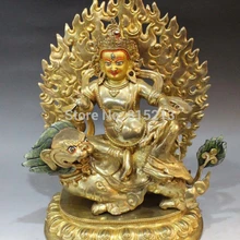 Bi001150 1" Тибет Фейн Бронзовый 24 К Золото живопись Желтый Jambhala Поездка Лев Статуя Будды