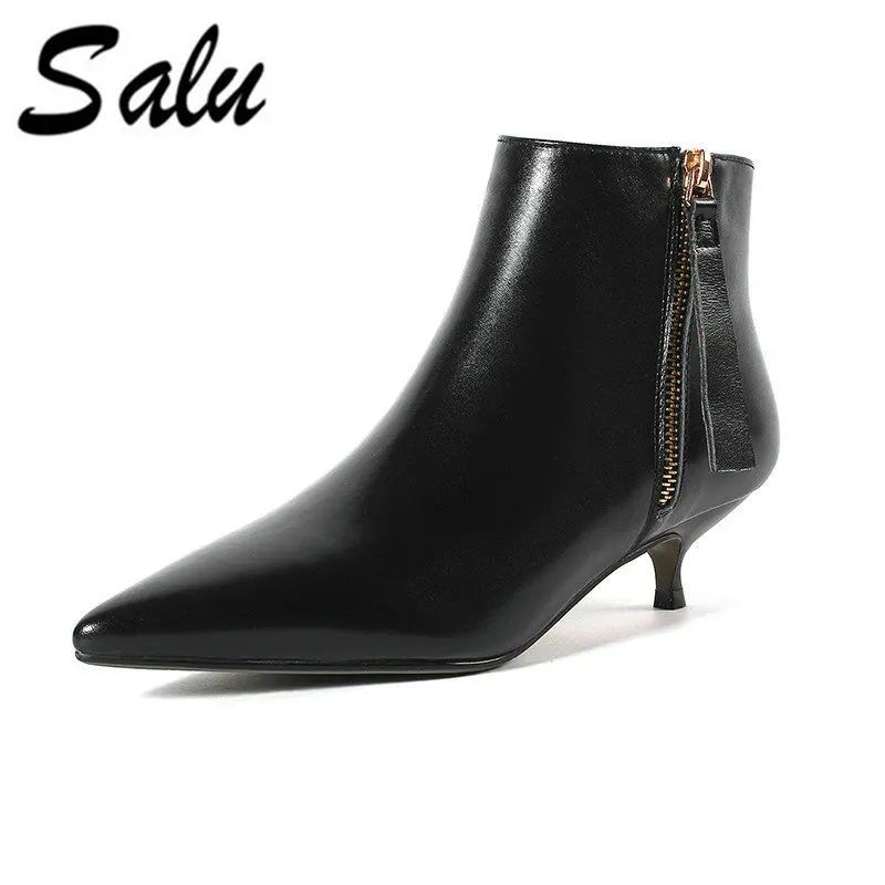 

Salu Brand Spring Autumn Black Boots Women Zipper low Heels Genuine leather Booties pointed toe dress Shoes
