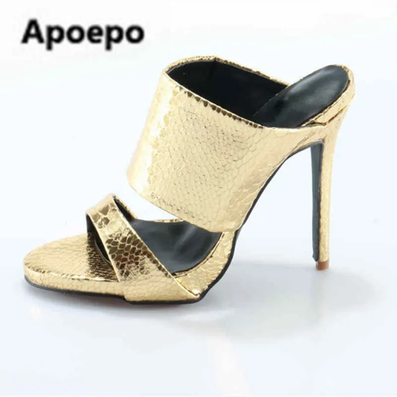 

Sales Gold/Silver Python Leather Mules Slip On High Heels Women Sandals Slide Open Toe Flip-Flops Summer Slipper 2022