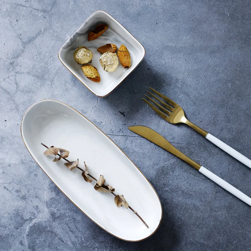 Creative Gold Marble Ceramic Plate Dish Dessert Food Plate Jewelry Ring Necklace Dish Bathroom Vanity Storage Tray Trinket