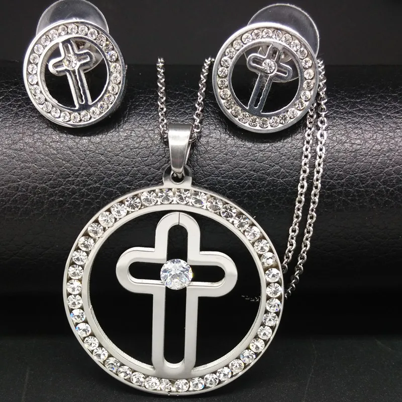 

2019 Cross Stainless Steel Jewelry Sets Crystal Pendant Silver Gold Color Necklace Earrings Jewerly Set For Women Gift FS61295