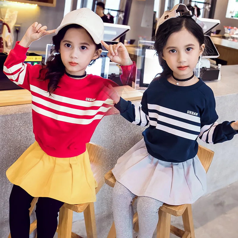 Girls Set Knitting Long Sleeved Striped Sweatshirt Pleated Skirt Girls Outfits Sweater+tutu