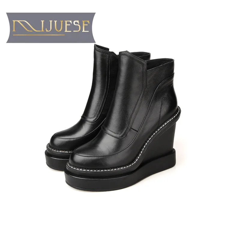 

MLJUESE 2018 women ankle boots cow leather sewing high heels green color high heels autumn spring platform wedges boots