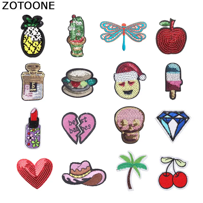 

ZOTOONE Fruit Heart Sequin Patches Heat Transfers for Clothes Skull Embroidery Patch DIY Applique Clothes Sticker Appliques 3D E