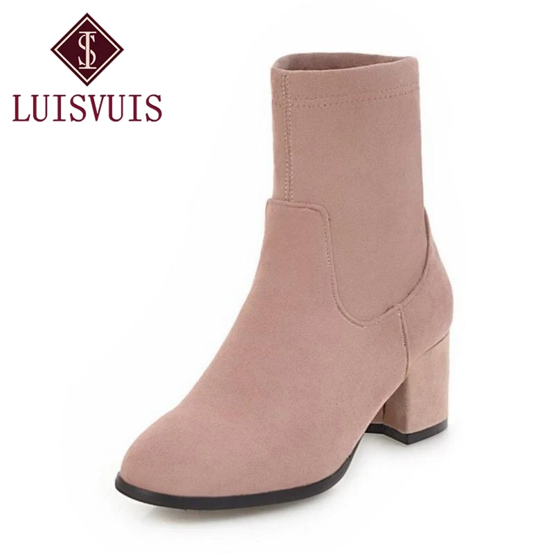 LUISVUIS Size 34-43 4 Colors Woman High Heel Boots Classic Round Toe Slip on Mid Calf Concise Shoes Women Footwear | Обувь
