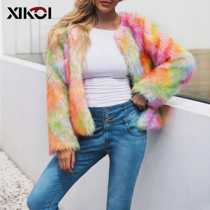 

XIKOI Winter Autumn Fake Fur Jacket Colorful Female Warm Thicker Faux Fur Coats S-3XL Luxury Fluffy Women Overcoat Jackets