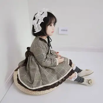 

Spring autumn new fashion plaid princess dress for baby girls children lace patchwork party dress kids brithday clothes ws590