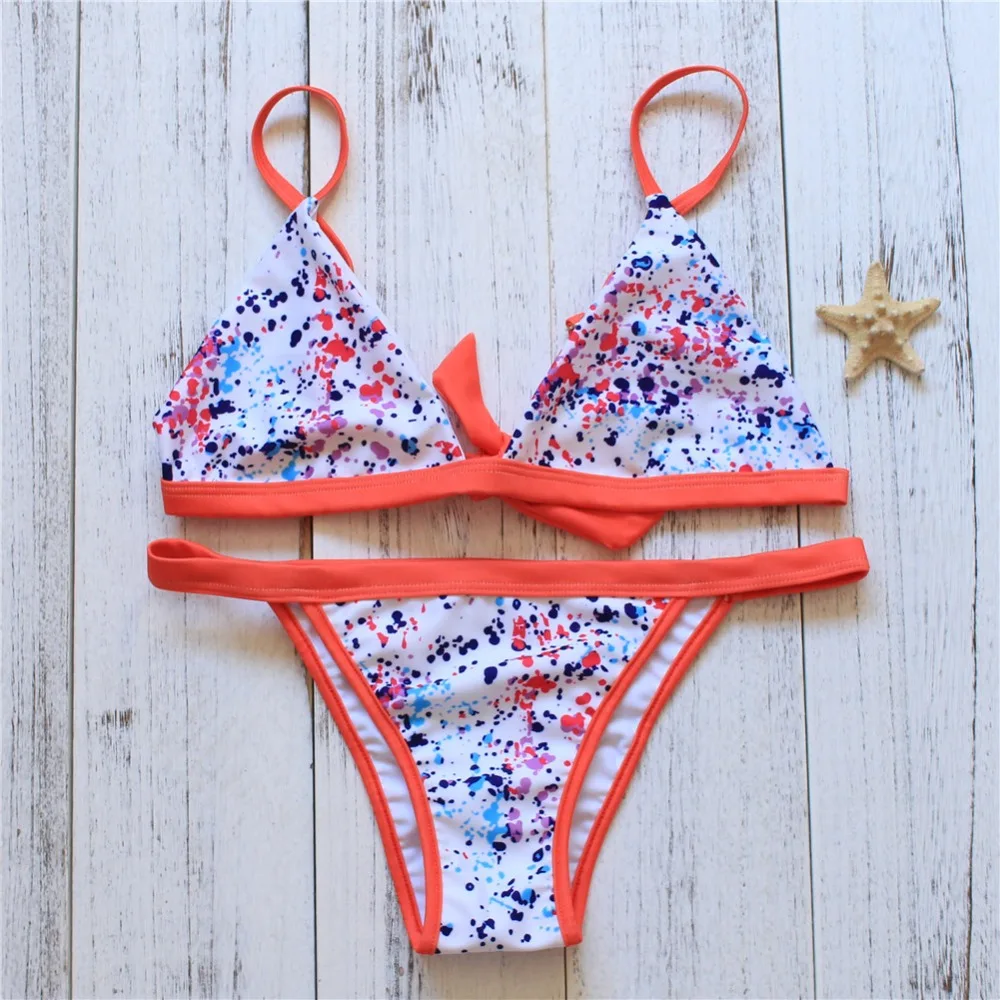 2017 New Women Bikinis set Orange Dot print swimwear bandage halter Top ...
