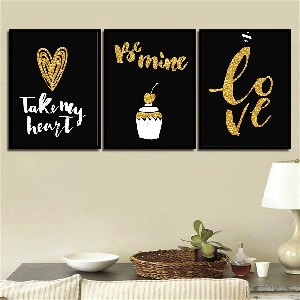 Minimalism Pictures Gold Love Heart Black Background Poster Nordic Canvas Prints Cake Paintings Living Room Wall Art Home Decor