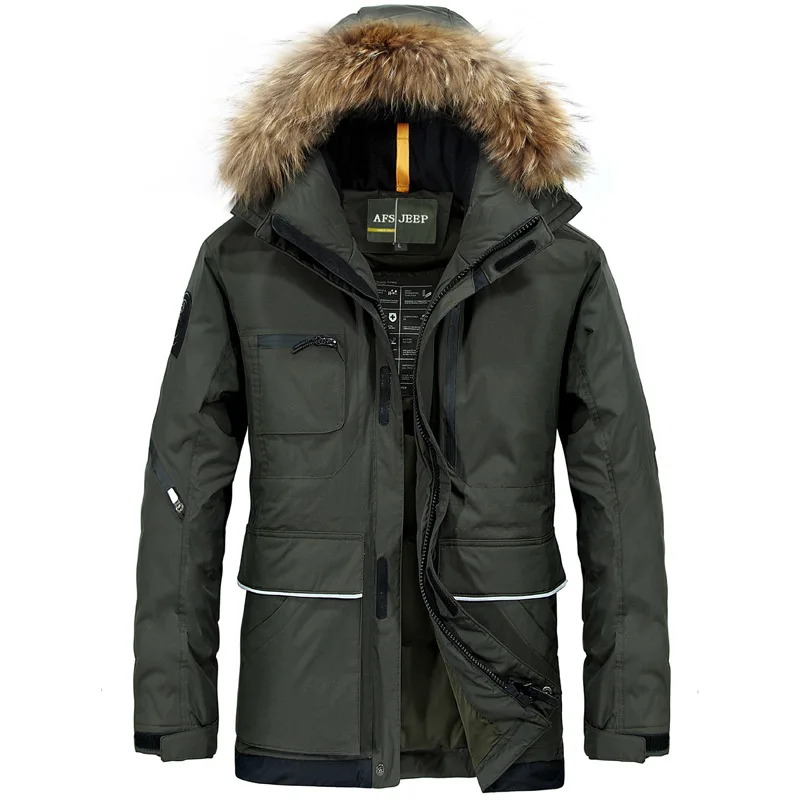 

AFS JEEP White Duck Down Thickening Down Jacket Men 2017 Winter With Hood Detached Warm Big Raccoon Fur Collar For -40 degrees