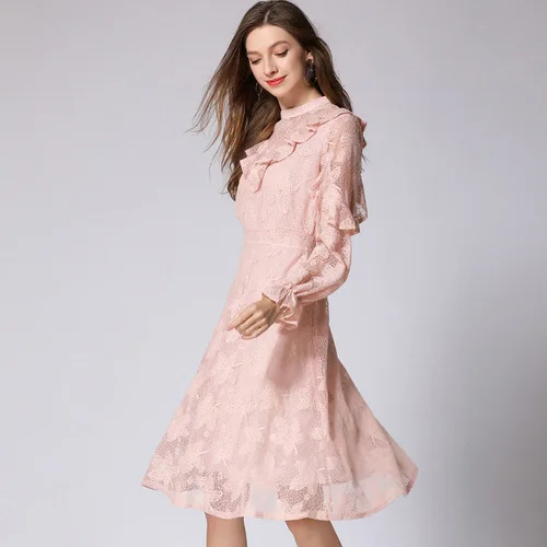 2018 Autumn New Long-sleeved Ruffled Midi Temperament Lady Openwork Embroidered Long Lace Dress Dresses