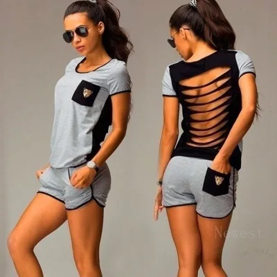 

2019 new two piece set Women summer fashion leisure women t-shirt+shorts set back hollow short-sleeved casual top women suit