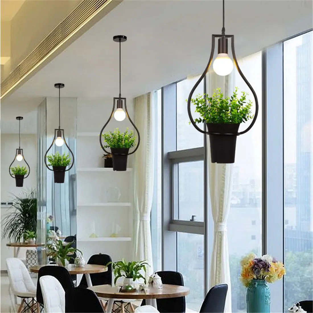 Черные вазы зеленые растения Подвесные лампы Ретро промышленный стиль Творческая личность люстра магазин одежды кафе