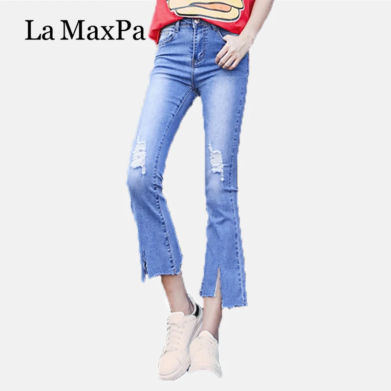 

2017 Real Rushed Washed Zipper Fly Stripe Mid Cotton Vintage Regular Flare Pants Light American Apparel Jeans For Women Jeans