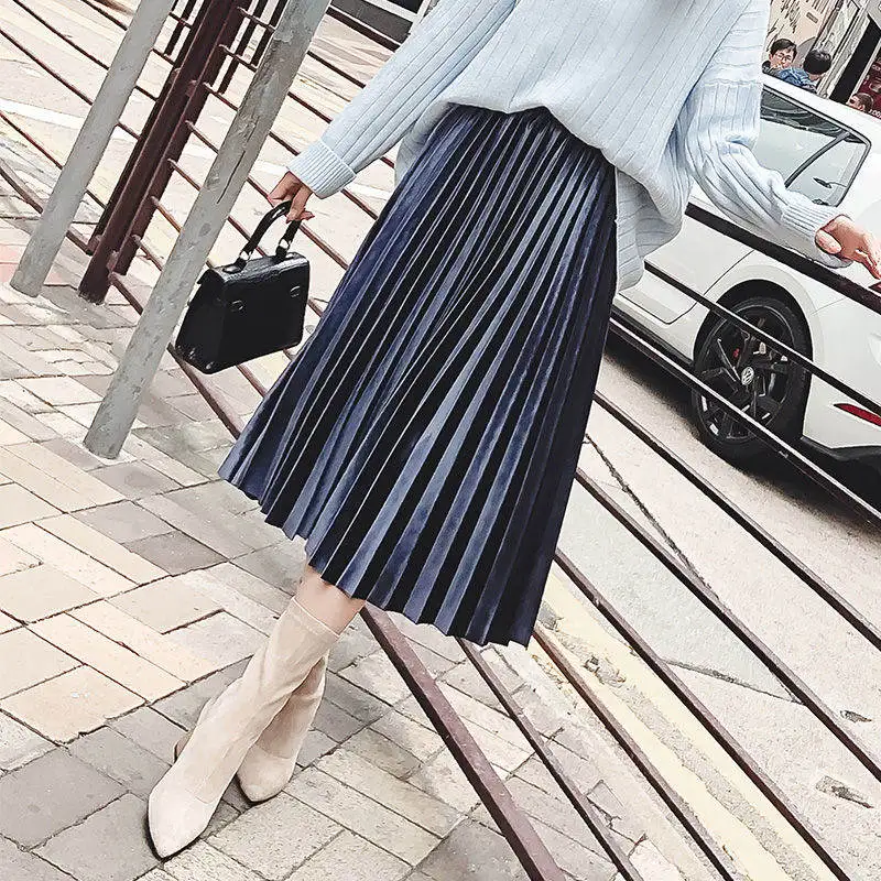 Idopy Sprint, летняя Женская приталенная бархатная юбка с высокой талией, длинные плиссированные юбки цвета металлик, Повседневные Вечерние юбки для женщин - Цвет: blue