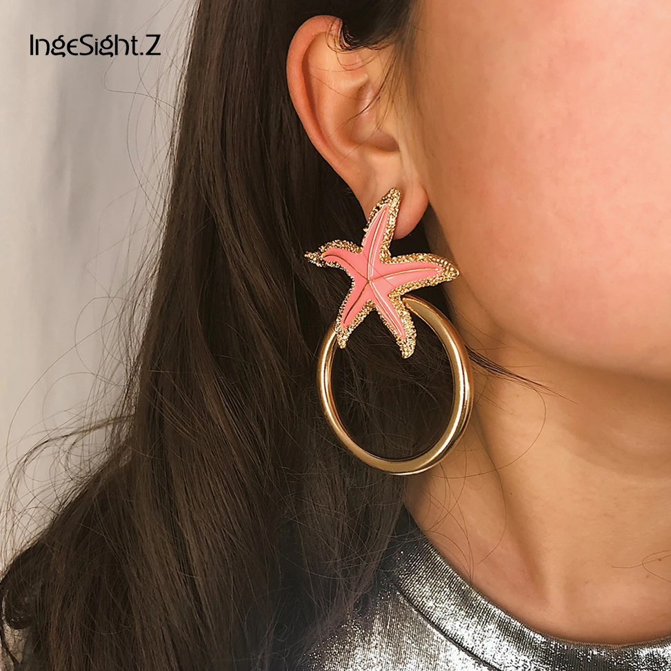 

IngeSight.Z Elegant Pink Starfish Drop Earrings Statement Big Round Circle Hanging Dangle Earrings for Women Jewelry Brincos