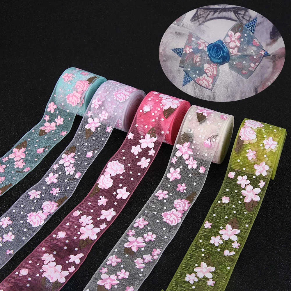 

6 Yards 25mm DIY Gift Box Wrapping Multi Colors Printed Flower Organza Ribbon DIY Sewing & Hair Bow Accessories Party Decoration