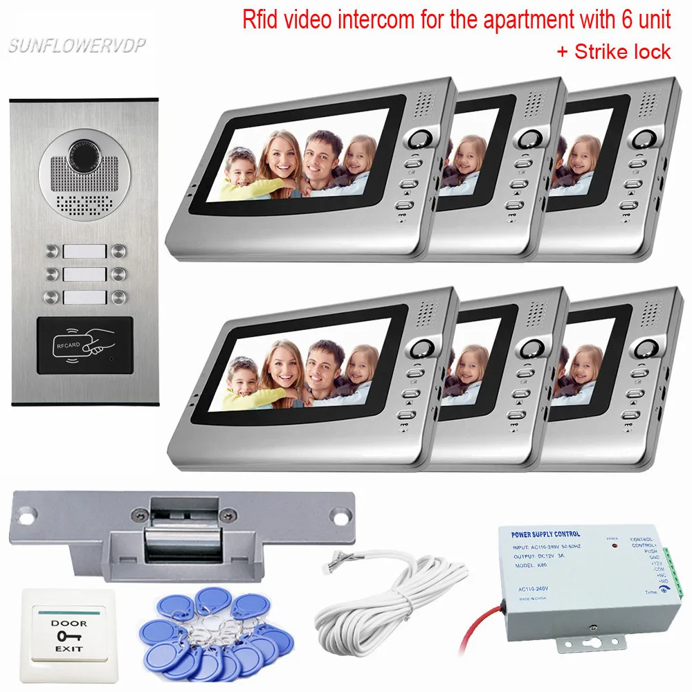 

6 Units Video Doorphone Panel 7" Wired Video Intercom With Electronic Lock Video On-Door Rfid Cards Unlock Door phone system