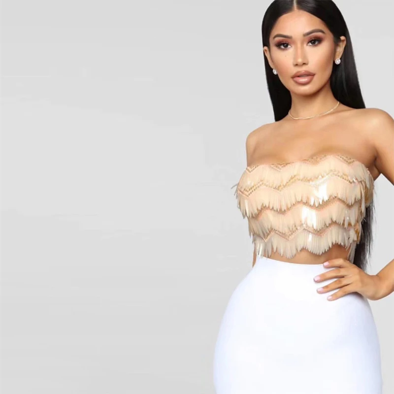 

High Quality New Fashion Pink Brown Sexy Crop Top Women Strapless Bodycon Shining Sequin Party Tank Top Clubwear Wholesale 2018