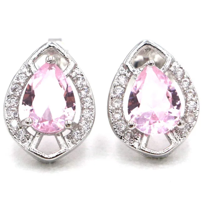 

32x11mm Fancy Pink Raspberry Rhodolite Garnet CZ Ladies Party Silver Earrings