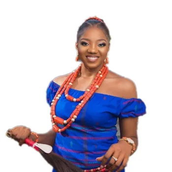 

4UJewelry Nigerian Bridal Jewelry Set For Women Orange Nature Coral Beads Necklace Set 3 Layers Bracelet Earrings Birthday Gift