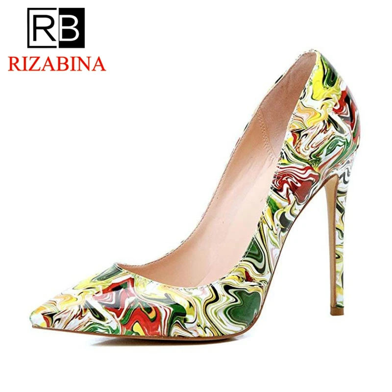 

RIZABINA The Newest High Heels Pumps Printing Dress Party Office Lady's Pumps Pointed Toe Spring Summer Women Shoes Size 35-45