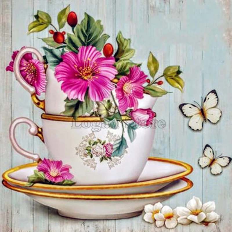 

Volledige vierkante / ronde diamant 5D DIY Diamond Painting Teacup flower Diamond geborduurd Diamond Mosaic Home Decor SSF057