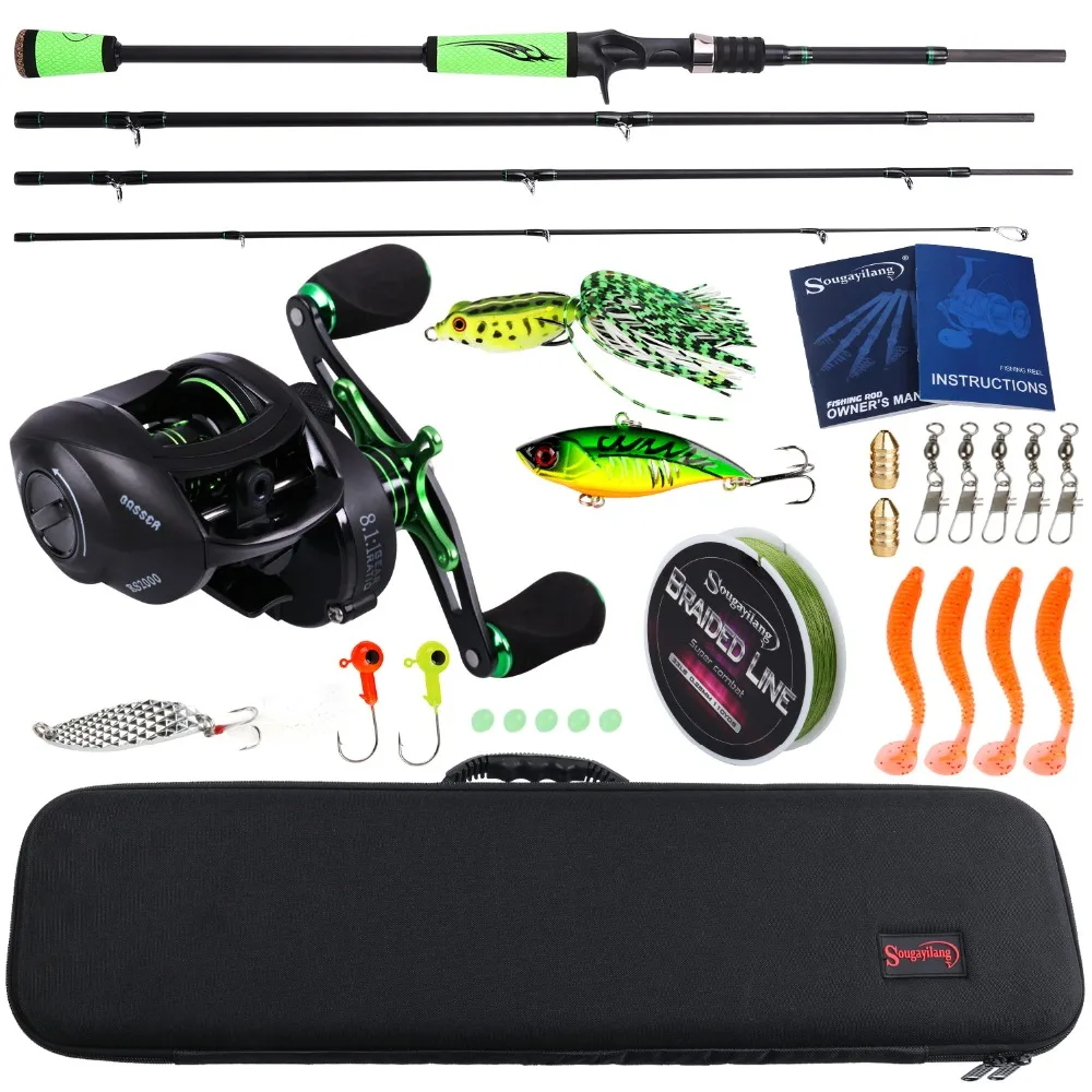 Potência de Fibra Sougayilang Seção Carbono Baitcsting Haste Kit Completo Conjunto Carretel Fundição 100 Linha Pesca Iscas Ganchos Gabarito Cabeça 4 m 12 Cheap Conj. de varas