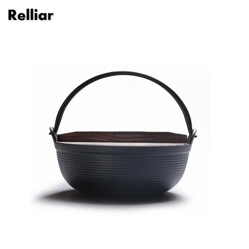 

Relliar 19 cm Cast Iron Pot Soup Stock Pots Wild Cookware Stew Pan With Wood Cover General Use for Gas and Induction cooking pot